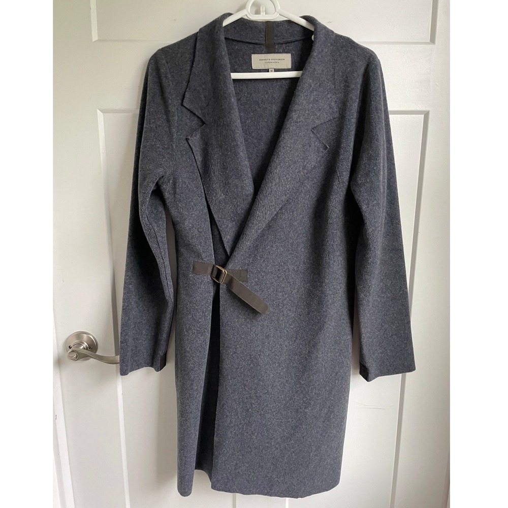 Henriette Steffensen Fleece Blazer Cardigan M Charcoal Gray Wrap Buckle Jacket